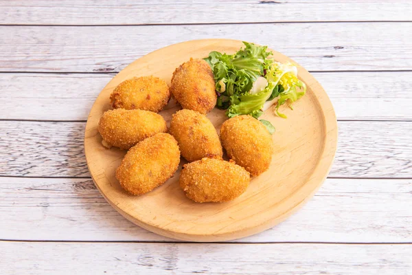 Serving Ham Croquettes Wooden Plate White Table — Stock Fotó