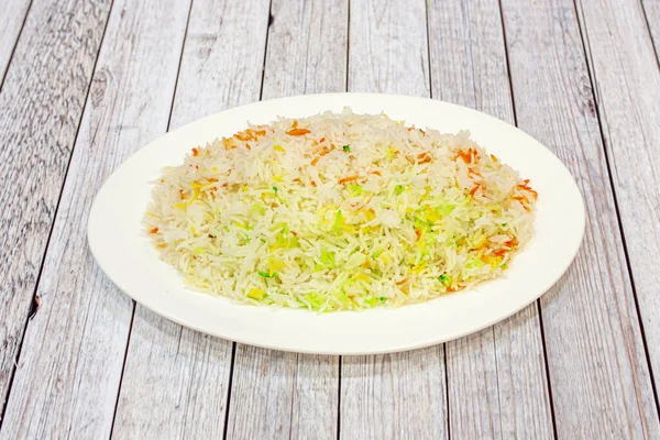 Tray Typical Indian Basmati Rice Light Wooden Table —  Fotos de Stock