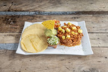 Kendinizi ananas parçaları, haşlanmış et, taze baharatlı soğan ve guacamole ile hazırlamak için taco al pastor malzemeleriyle dolu beyaz tepsi.