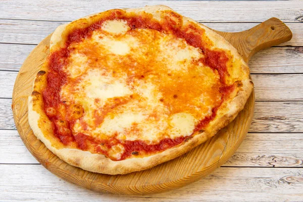 Italian Five Cheese Pizza Tomato Thin Wheat Dough Wooden Board — Zdjęcie stockowe