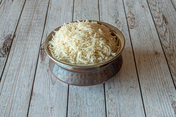Traditional Indian Metal Bowl White Basmati Rice White Background — Foto Stock