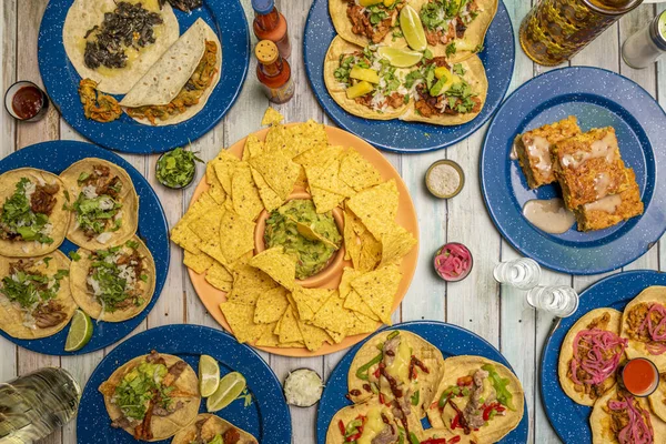 Conjunto Platos Populares Gastronomía Mexicana Tacos Pastor Nachos Maíz Con — Foto de Stock