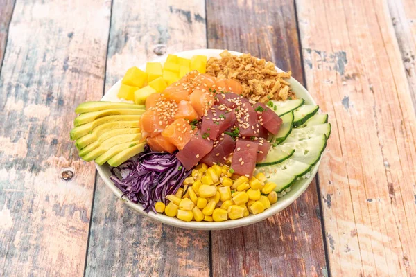 Time Eat Excellent Mixed Poke Bowl Salmon Pairing Red Tuna — Stock Photo, Image