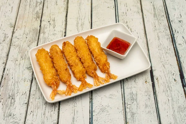 Läckra Tempura Räkor Med Söt Och Sur Doppsås Tillagad Kinesisk — Stockfoto