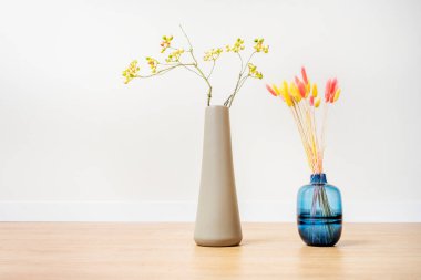 Renkli kurutulmuş çiçek dallarıyla dekoratif vazolar ve meşe zemininde sarı kurumuş yaban mersini dalları ve beyaz arka plan