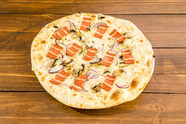 Vegan Carbonara Pizza Recipe with Fake Bacon and Cheese with Red Onion and Mushroom Slices with Fine Wheat Dough