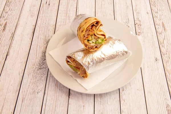 Lamb Meat Durum Lettuce Tomato Rolled Aluminum Foil Cooked Kebab — Stock Photo, Image