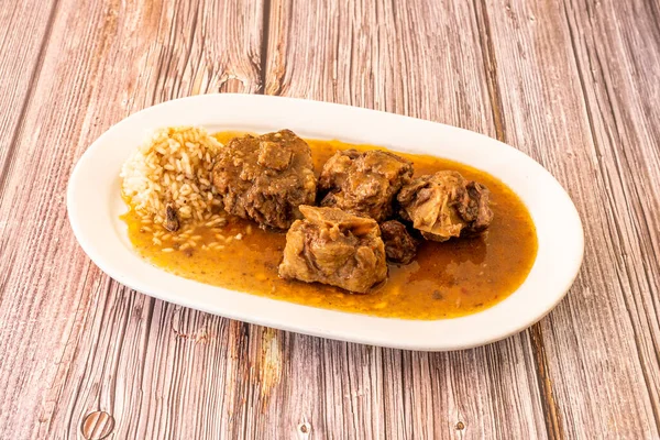 Tray Oxtail Stew Cooked Spanish Recipe Accompanied White Rice — Stock Photo, Image