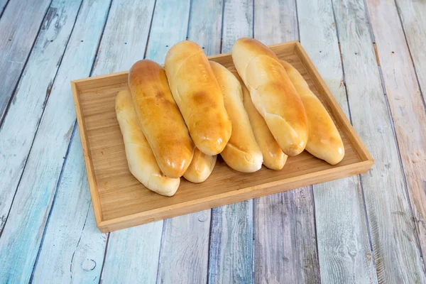 Tray Venezuelan Cachitos Breakfast Wooden Table — Stock Photo, Image