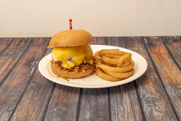 Beef Burger Four Melted Cheese Crispy Onion Base Battered Fried — Stock Photo, Image