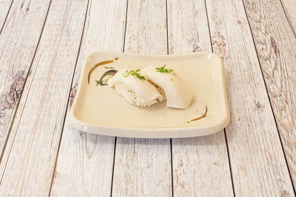 Nigiri Butterfish Com Arroz Branco Vinagre Japonês Com Trufa Uma — Fotografia de Stock