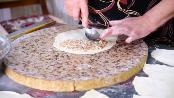 A nő előkészíti pite hússal, a konyhaasztalon — Stock videók
