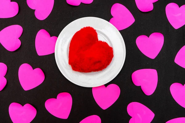 Feliz Dia Dos Namorados Fundo Coração Vermelho Papel Preto Vista — Fotografia de Stock
