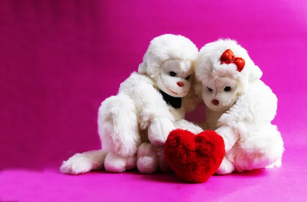 Puha játék majmok kezében a szív egy rózsaszín háttér. A szerelem szimbóluma. Valentin-nap. — Stock Fotó