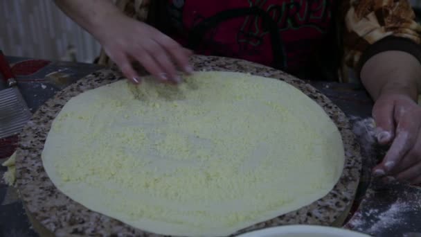 Close-up de uma mulher na cozinha preparando massa de biscoito — Vídeo de Stock