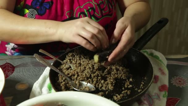 Primer plano de una mujer en la cocina sobre la mesa preparando los rollos de carne de peluche, tomate, pimiento y berenjena — Vídeo de stock