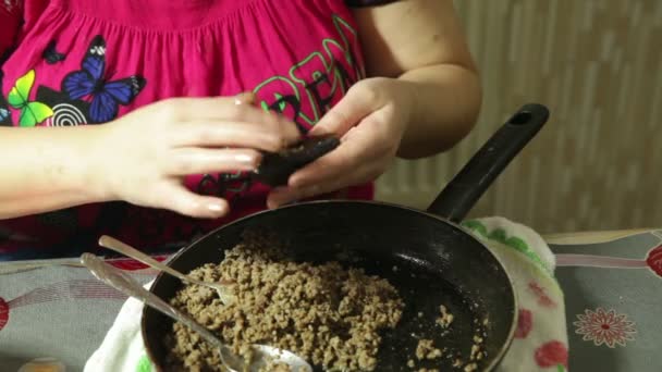 Primer plano de una mujer en la cocina sobre la mesa preparando los rollos de carne de peluche, tomate, pimiento y berenjena — Vídeo de stock