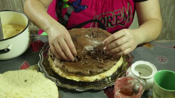 Primer plano de una mujer en la cocina preparando un pastel de masa — Vídeo de stock