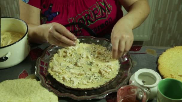 Primer plano de una mujer en la cocina preparando un pastel de masa — Vídeos de Stock