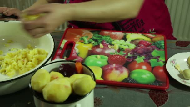 Closeup of woman hands preparing, and decorated with vegetable salad in the kitchen — Stock Video
