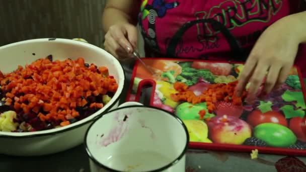 Primer plano de las manos de la mujer preparándose, y decorado con ensalada de verduras en la cocina — Vídeos de Stock