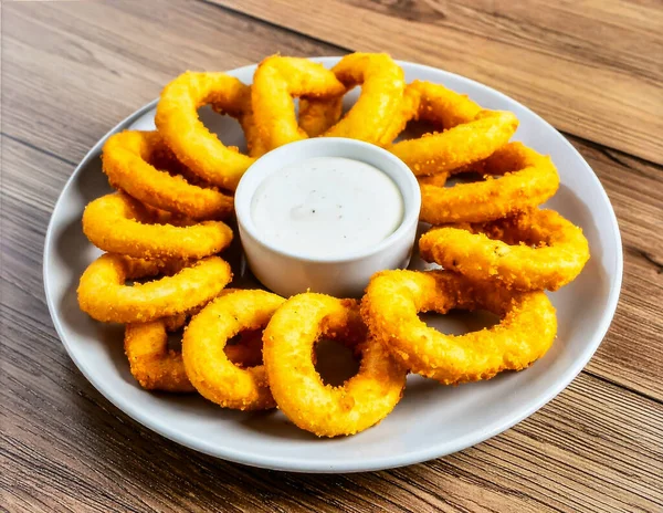 Kızarmış Calamari Halkaları ve Soslu Atıştırmalık Aperatif ve Deniz Ürünleri Aperteç Konsepti