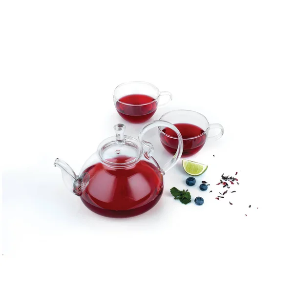 Théière Avec Deux Tasses Verre Transparent Avec Thé Rouge Hibiscus — Photo