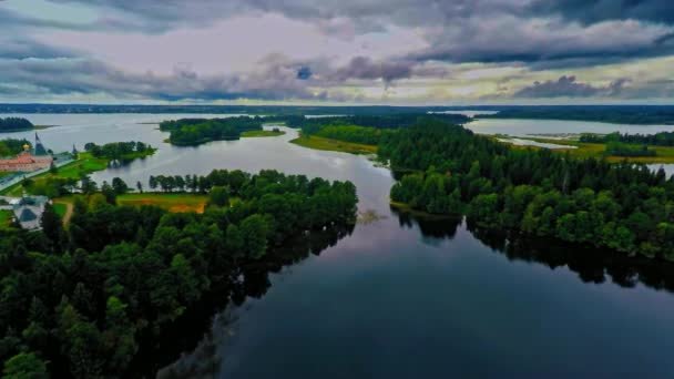 Russia, lake Valdai, the Iveron monastery, (Aerial Drone flights) — Stock Video