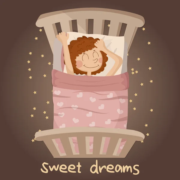 Söta leende flicka med mörkt röda sova på en säng med rosa filt — Stock vektor