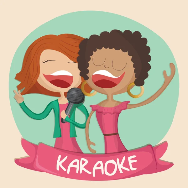 Cartoon-Illustration von zwei glücklichen Mädchen, die Karaoke singen — Stockvektor