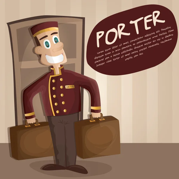 Illustratie van gelukkig Bellman (een hotel porter) met bagage in het hotel — Stockvector