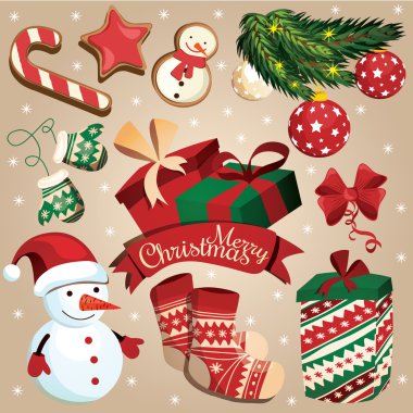 Christmas simgeleri ayarlayın. Çizgi film tatil nesneleri koleksiyonu. Vektör çizim