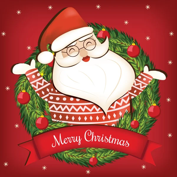 Tarjeta de Navidad de dibujos animados con Santa Claus, letras de Feliz Navidad y corona de Navidad. Ilustración vectorial — Archivo Imágenes Vectoriales
