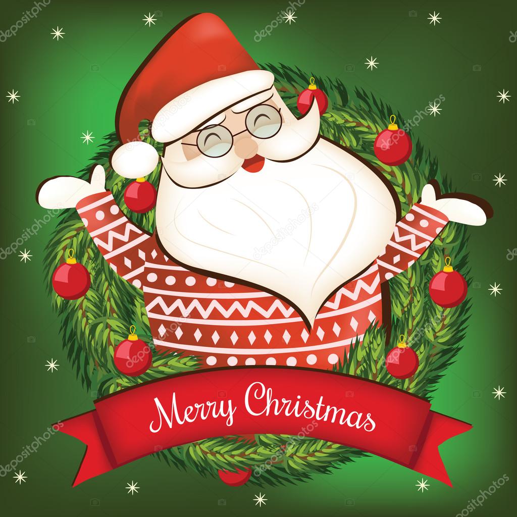 Cartoon Christmas card with Santa Claus, Merry Christmas lettering and Christmas wreath. Vector illustration