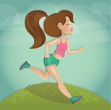 Güzel bir kız açık havada koşu karikatür çizimi