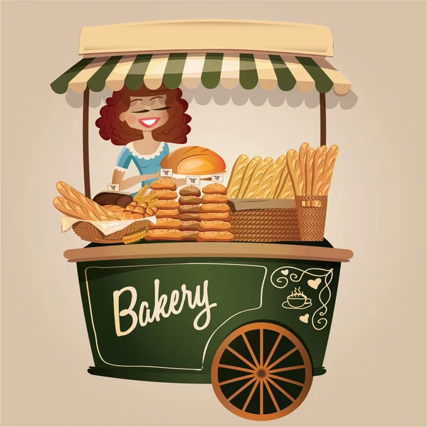 Αρτοποιείο καλάθι με ένα χαριτωμένο κορίτσι πωλητή. — Διανυσματικό Αρχείο