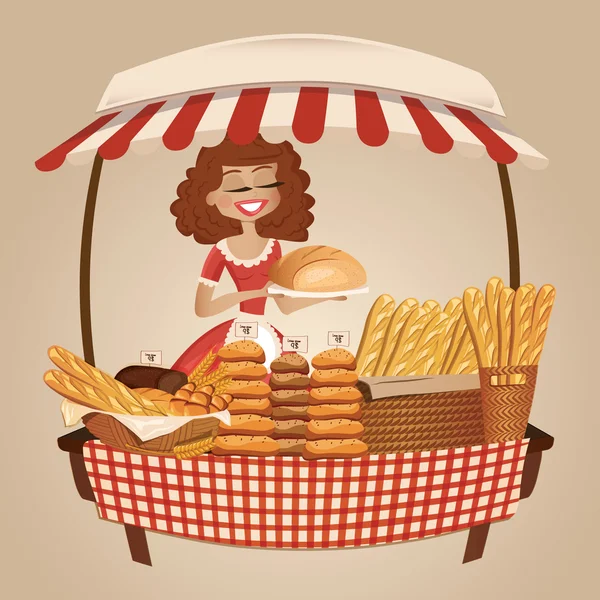 Carrito de panadería con una chica linda vendedor . — Vector de stock