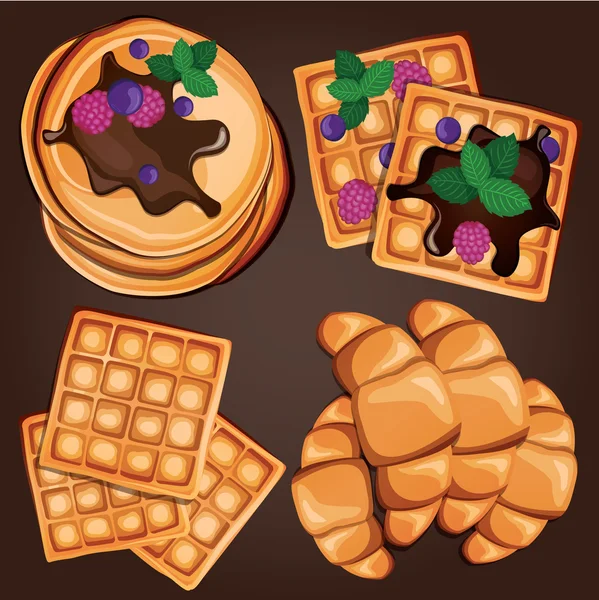 Gustoso set di cartoni animati per la colazione con pancake, waffle e croissant . — Vettoriale Stock