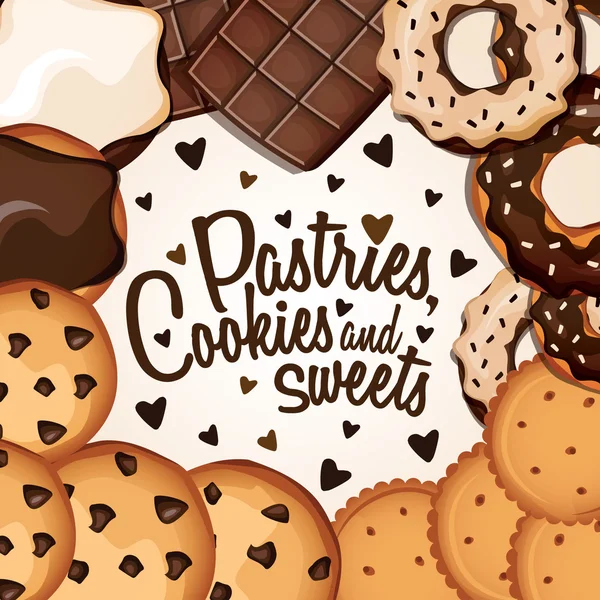 Banner con galletas con chispas de chocolate, rosquillas, galletas de chocolate y chocolate . — Vector de stock