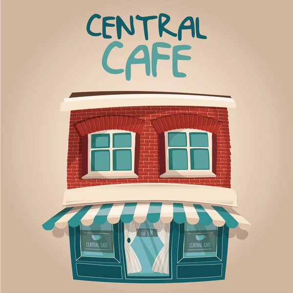 Vetor ilustração de bonito azul Central café edifício —  Vetores de Stock