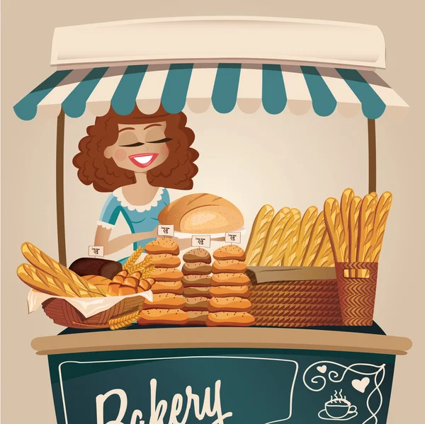 Bakery cart with a cute girl seller. — Stock Illustration Bakery cart with a cute girl seller. Stock Illustration