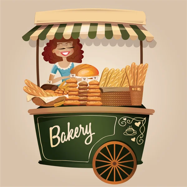 Bakery cart with a cute girl seller. — Stock Illustration Bakery cart with a cute girl seller. Vector Graphics