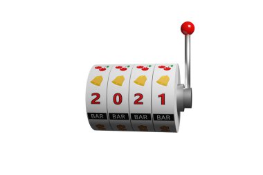 2021 numaralı slot makinesinin tekerlekleri. Yeni yıl konsepti. 3d illüstrasyon.