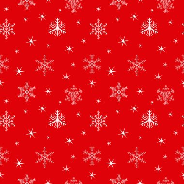 Kırmızı arkaplandaki kar taneleri pürüzsüz desen. Vektör çizimi. Noel tekstil baskısı.