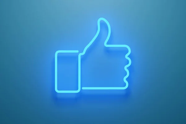 Baş parmağı yukarı çıkan neon ışığın üç boyutlu soyut çizimi. 3 boyutlu illüstrasyon. Konsept gibi.