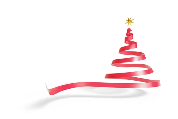 Kırmızı kurdele, beyaz arka planda izole edilmiş altın yıldızlı bir Noel ağacı çizer. 3d illüstrasyon.