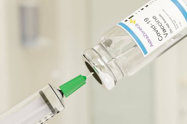 Buenos Aires, Arjantin - 11 Kasım: Astrazeneca Covid - 19 aşı şişesi ve şırınga beyaz arka planda izole edildi. 3d illüstrasyon.