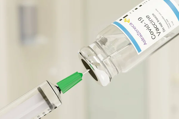 Buenos Aires, Arjantin - 11 Kasım: Astrazeneca Covid - 19 aşı şişesi ve şırınga beyaz arka planda izole edildi. 3d illüstrasyon.