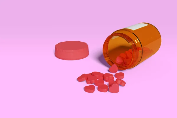 飞溅的心丸旁边的药瓶隔离在粉红的背景 对社交媒体上瘾的概念 3D说明 — 图库照片