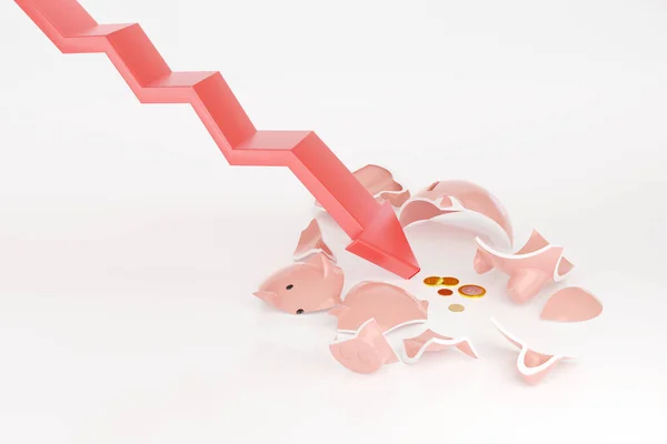 Gráfico Abaixo Quebra Banco Porquinho Com Algumas Moedas Isoladas Fundo — Fotografia de Stock